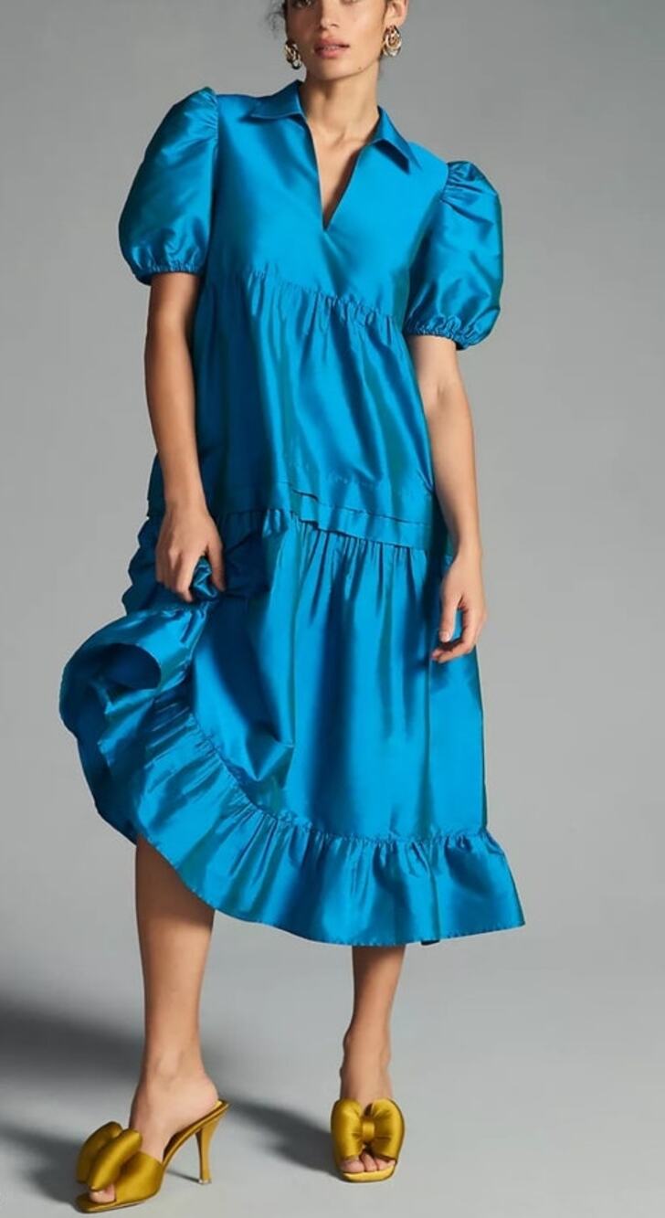 Dhruv Kapoor Puff Sleeve Midi Dress XXS Blue Metallic Tiered Pockets Cocktail